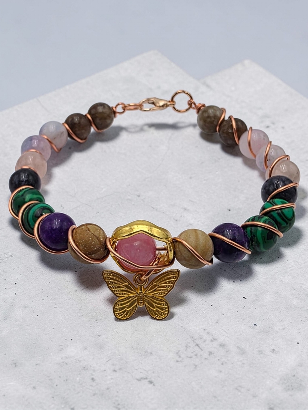 Multicolor Beaded Bracelet with Gold Butterfly Charm
